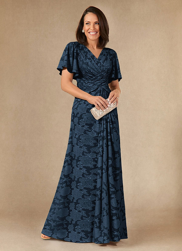 Emmeline Mother of the Brides Dresses Dark Navy A-Line Pleated Floral Burnout Dress image1