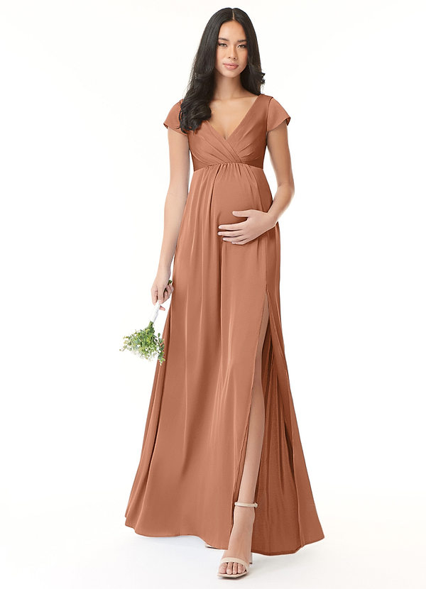 Azazie Allessia Maternity Bridesmaid Dresses Flowy Pleated Stretch Satin Long Dress image1