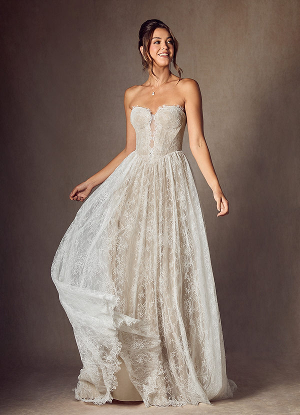 Azazie Lorena Wedding Dresses Diamond White Nude A-Line Strapless Lace Dress image1