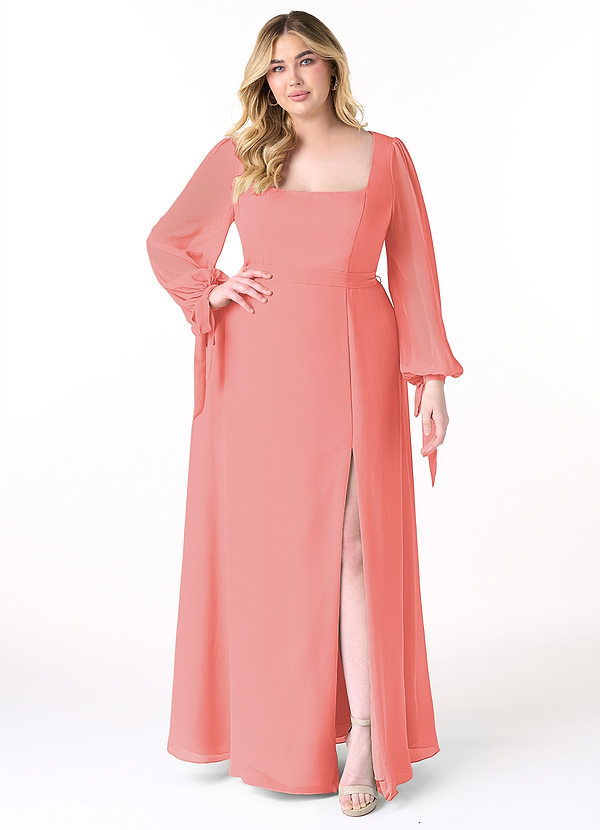 Azazie Leonia Bridesmaid Dresses Coral A-Line Long Sleeve Chiffon Dress image1