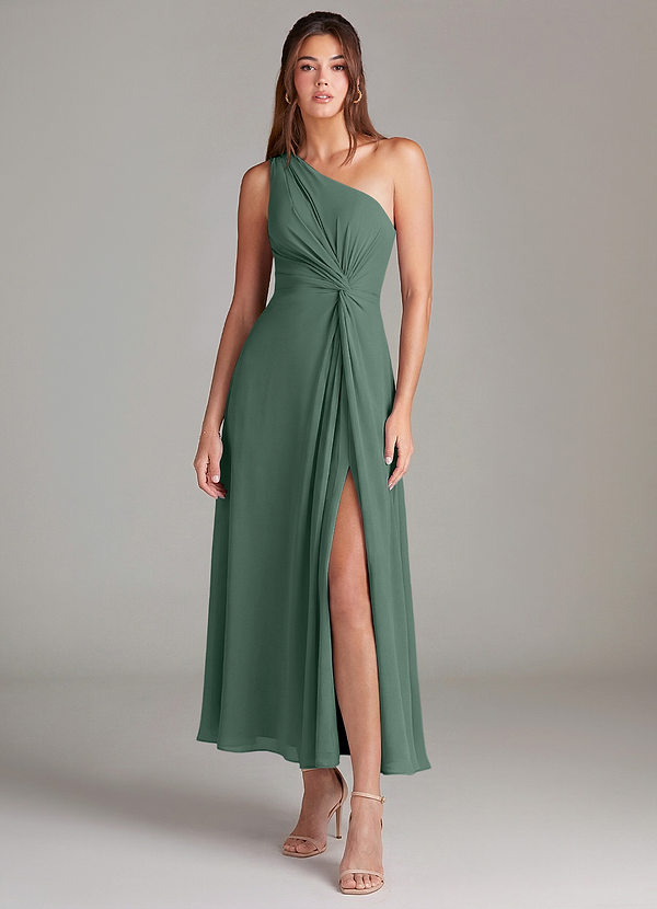 Azazie Brooke Robes de demoiselle d'honneur Robe Trapèze en Mousseline de soie Une épaule Mousse De Mer image1