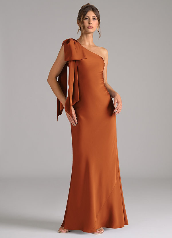 Azazie Capri Robes Demoiselle d'honneur Robe Sirène en Satin extensible Ue épaule Cannelle image1