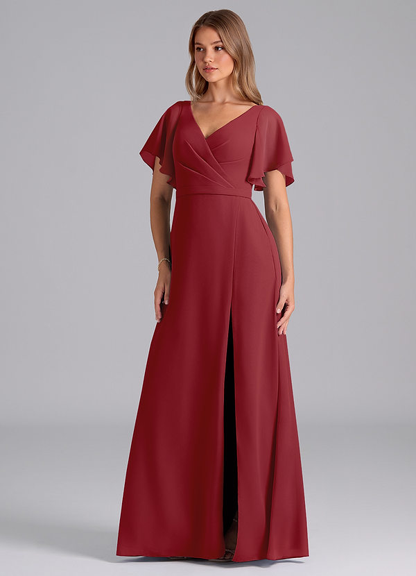 Azazie Ambrosia Bridesmaid Dresses Pomegranate A-Line Pleated Chiffon Dress image1