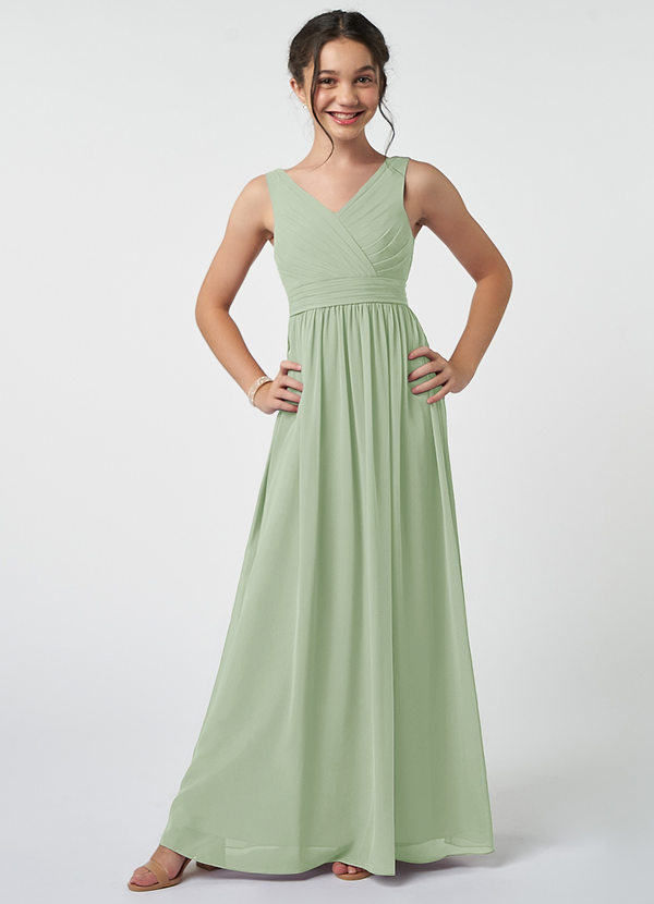Azazie Kora Junior Dusty Sage A-Line Pleated Chiffon Dress image1