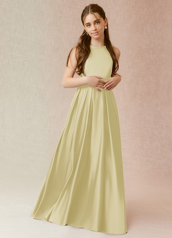 Azazie Arianthe Junior Lemon Sorbet A-Line with Pockets Stretch Satin Dress image1