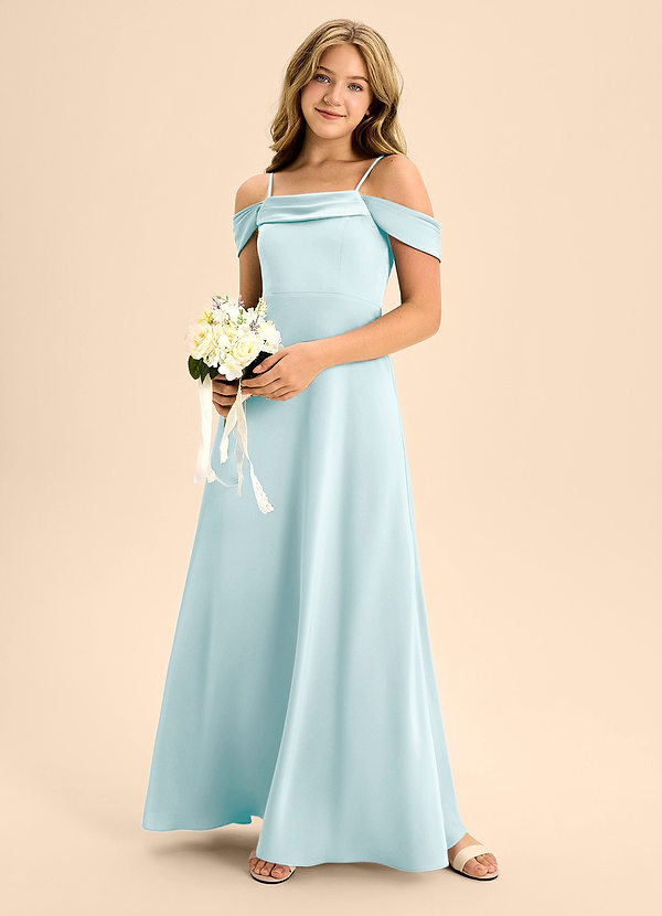 Azazie Anselie Junior A-Line Off-Shoulder Stræk satin Gulv-længde Junior brudepige Kjole image1