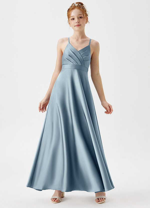 Azazie Avelina Junior A-Linie Plissee Stretch-Satin Kleid Staubblau image1