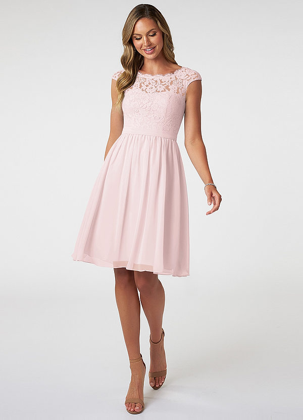 Azazie Shivani Bridesmaid Dresses Blushing Pink A-Line Lace Chiffon Dress image1