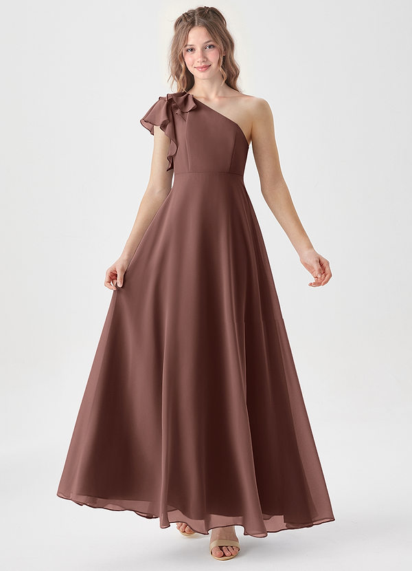 Azazie Arabella Junior Abito A-Line in Chiffon Increspato Espresso image1
