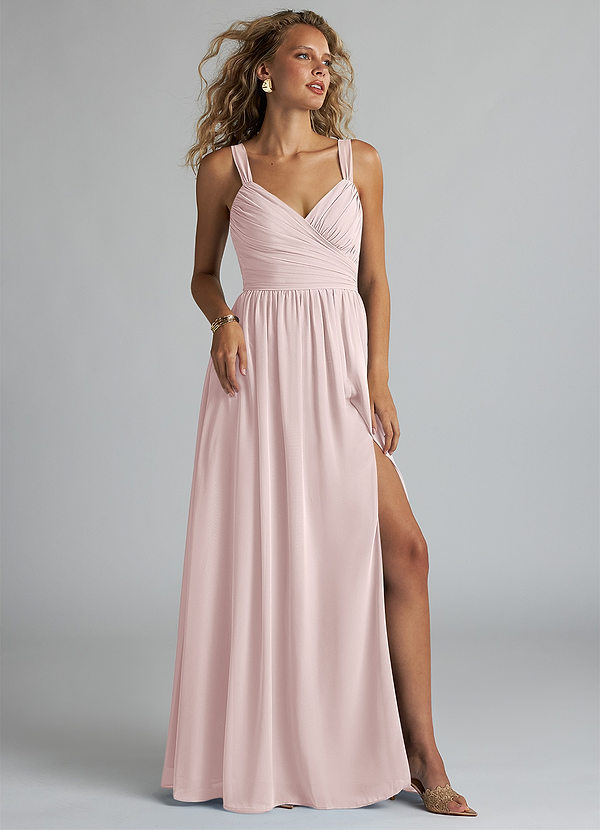 Azazie Aziza Bridesmaid Dresses Blushing Pink A-Line V-Neck Pleated Chiffon Dress image1