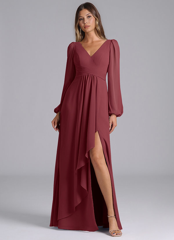 Azazie Omari Bridesmaid Dresses Merlot A-Line Long Sleeve Chiffon Dress image1
