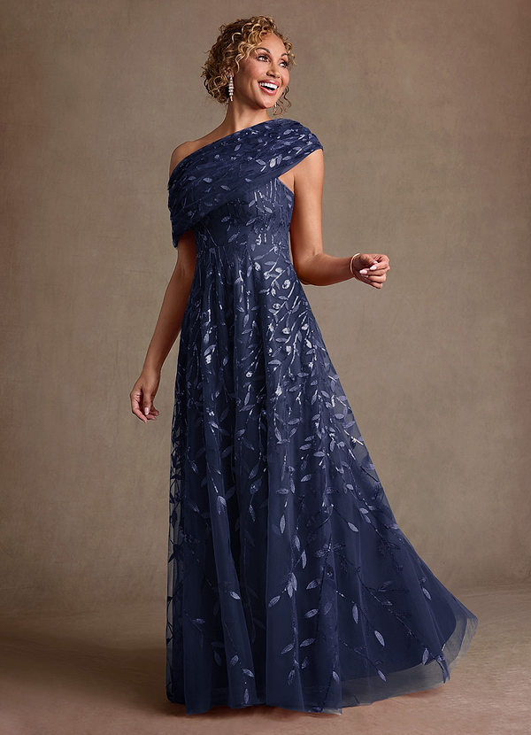 Azazie Sidney Mother of the Brides Dresses Dark Navy A-Line Off the Shoulder Lace Dress image1