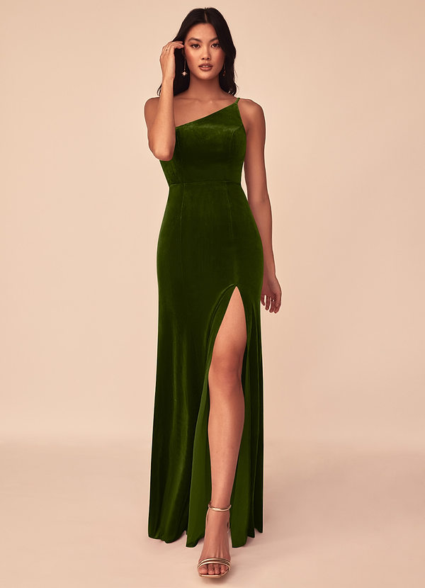 Azazie Kala Bridesmaid Dresses Olive A-Line One Shoulder Velvet Dress image1