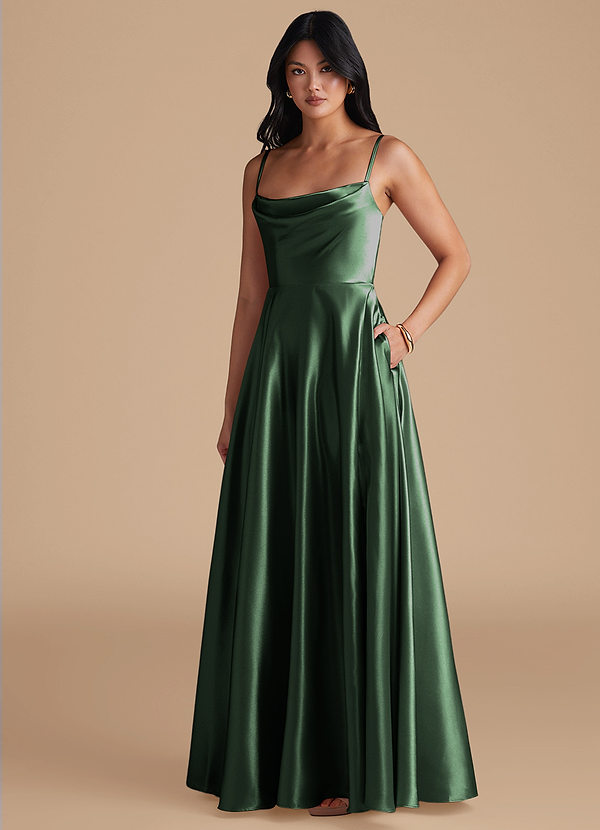 Azazie Elle Bridesmaid Dresses Eucalyptus A-Line with Pockets Metallic Satin Dress image1