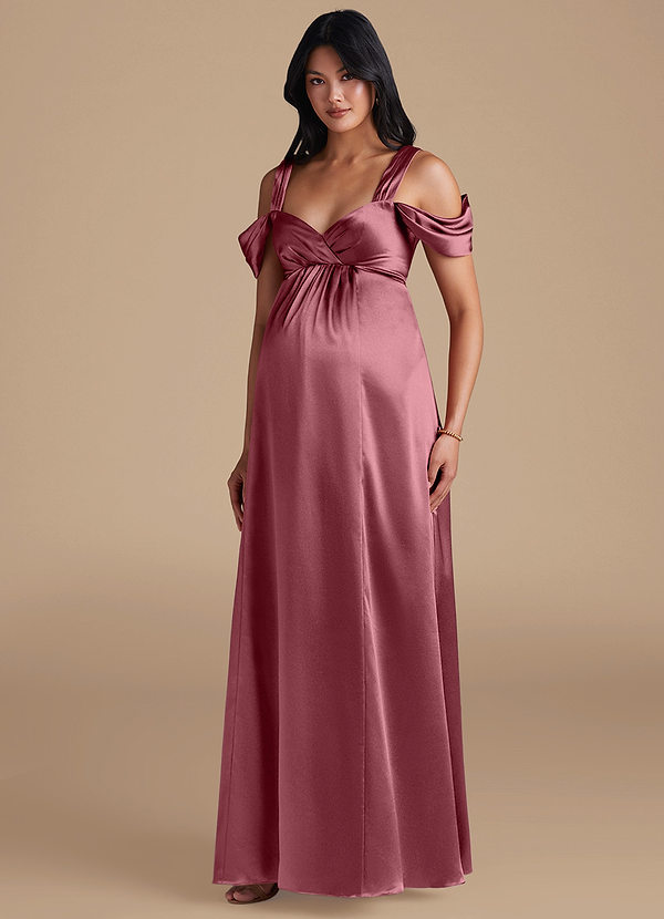 Azazie Rhea Maternity Bridesmaid Dresses A-Line Pleated Metallic Satin Floor-Length Dress image1