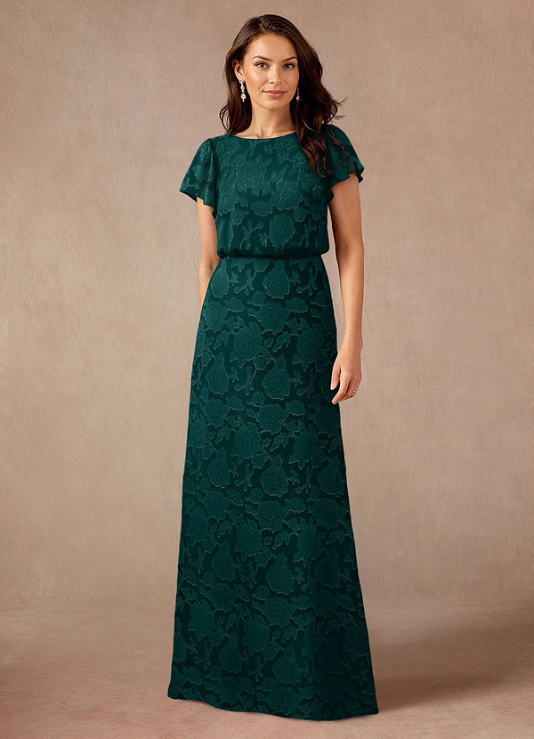 Azazie Lehi Mother of the Brides Dresses Pine A-Line Boatneck Floral Burnout Dress image1