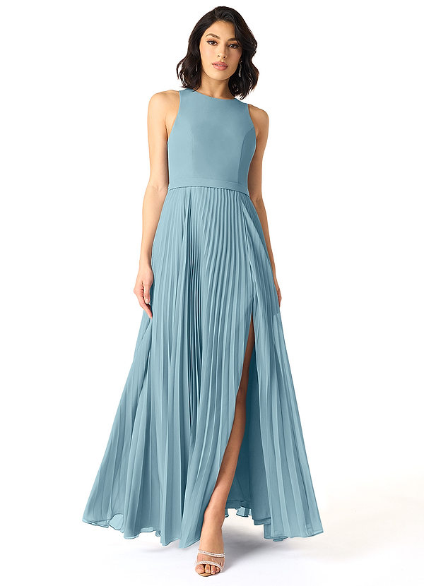 Azazie Lindie Bridesmaid Dresses Moody Blue A-Line Scoop Pleated Chiffon Dress image1