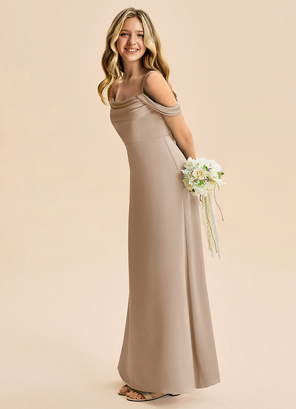 Azazie Lettie Junior Taupe A-Line Off the Shoulder Stretch Satin Dress image1