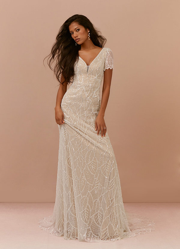 Azazie Bijou Wedding Dresses Sheath Sequins Lace Chapel Train Dress image1