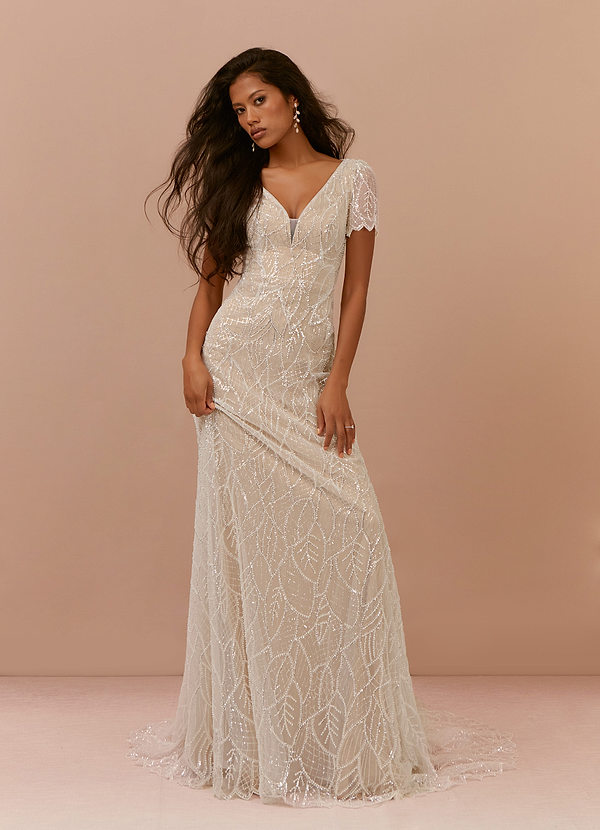 Azazie Bijou Wedding Dresses Diamond White Nude Sheath Sequins Lace Dress image1