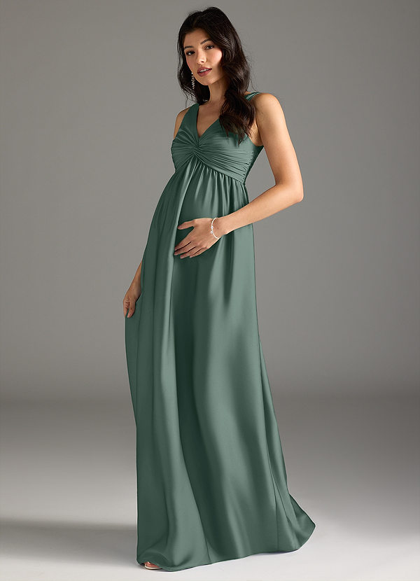 Azazie Yetta Maternity Bridesmaid Dresses A-Line Pleated Stretch Satin Floor-Length Dress image1