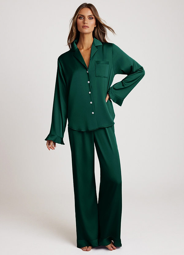 front Emerald Ruffled Satin Long Sleeve Pajama Set