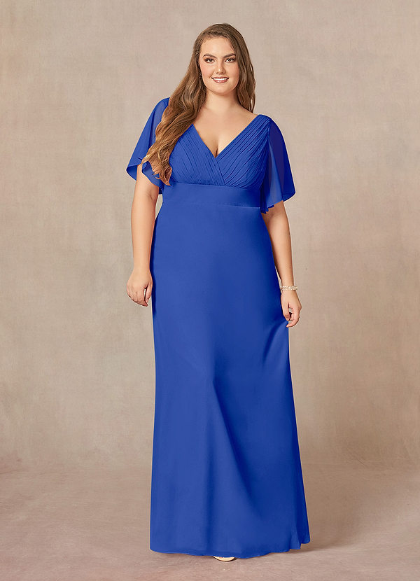 Azazie Alessa Robe Mère de la Mariée & du Marié Robe Trapèze en Mousseline de soie Col V plissé Bleu Roi image1