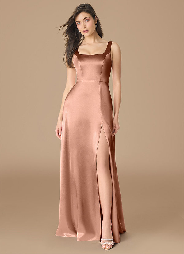Azazie Joyce Bridesmaid Dresses Bronzer A-Line Side Slit Metallic Satin Dress image1