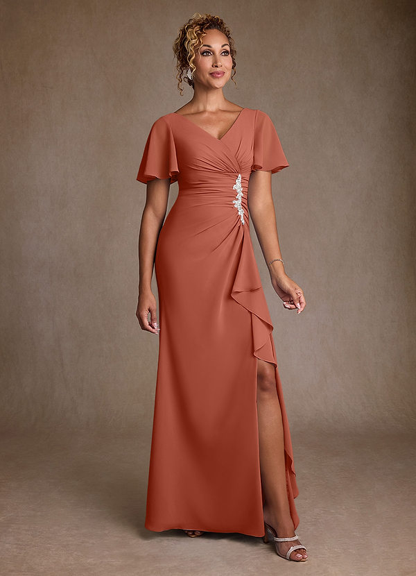 Azazie Suffolk Brautmutterkleider A-Linie Plissee Chiffon Kleid Lehm image1