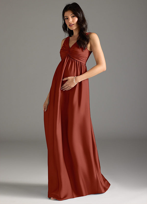 Azazie Yetta Maternity Bridesmaid Dresses A-Line Pleated Stretch Satin Floor-Length Dress image1
