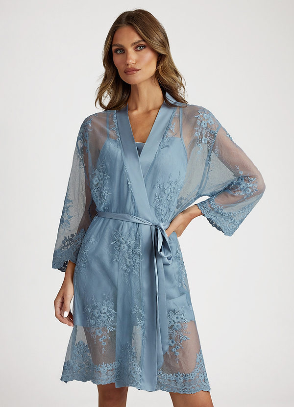 front Zakurzony Niebieski Sheer Lace Robe