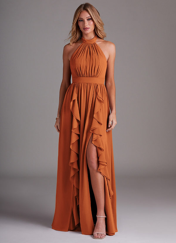 Azazie Avary Bridesmaid Dresses Cinnamon A-Line Pleated Chiffon Dress image1