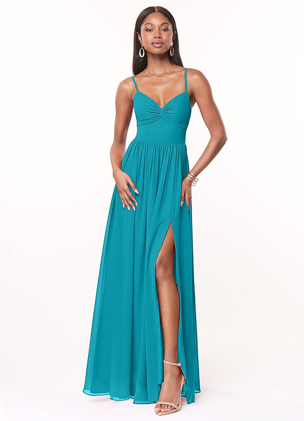 Azazie Zeya Bridesmaid Dresses Jade A-Line V-Neck Pleated Chiffon Dress image1