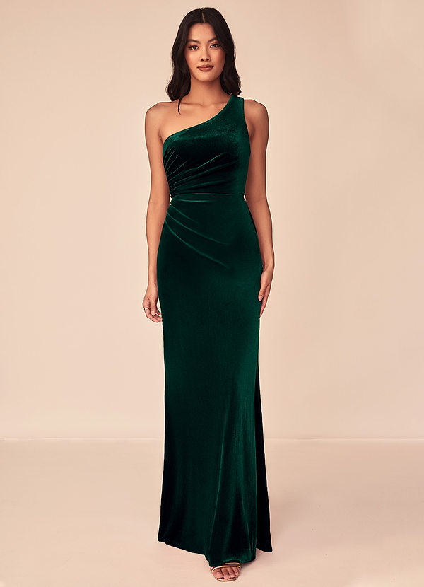 Azazie Argan Bridesmaid Dresses Emerald A-Line One Shoulder Pleated Velvet Dress image1