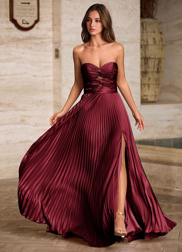 Ylura Burgundy A-line Pleated Prom Dress image1