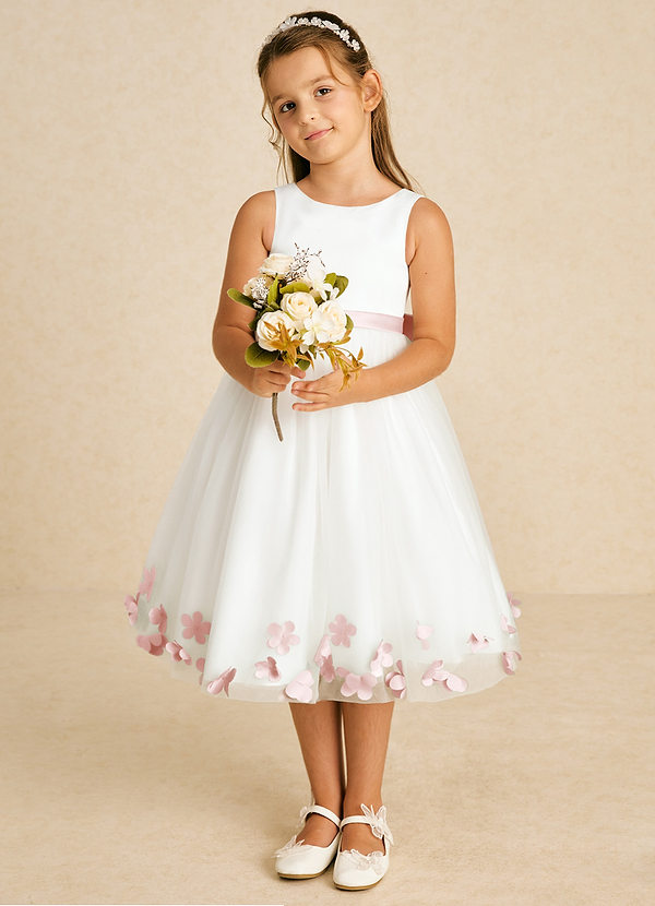 Azazie Dot Flower Girl Dresses Ivory Blushing Pink A-Line Bow Tulle Dress image1