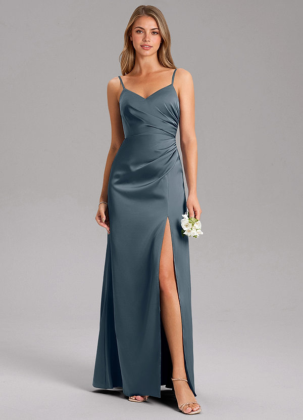 Azazie Azuree Bridesmaid Dresses Twilight A-Line Pleated Stretch Satin Dress image1