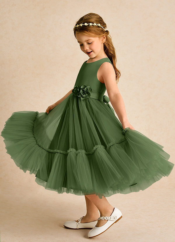 Azazie Miracle Vestidos de Niña de Flores Vestido de Oliva de Satin Mate de Corte En A con Lazo image1