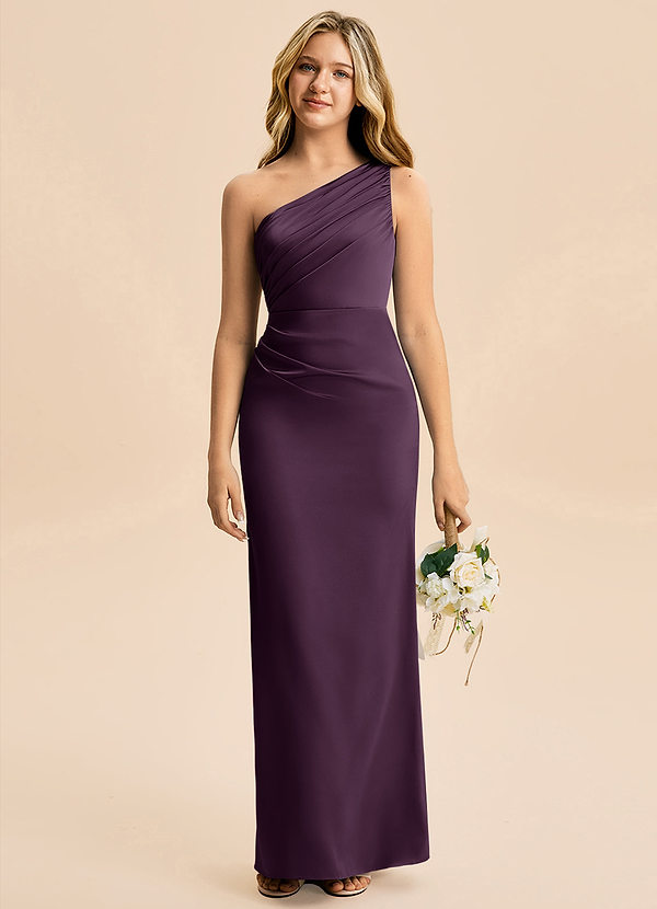 Azazie Akilah Junior Vestido de Ciruela de Satén Elástico de Corte Recto con Plisado image1