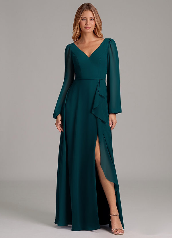 Azazie Simone Abiti da Damigella Abito A-Line in Chiffon Manica Lunga Pino image1