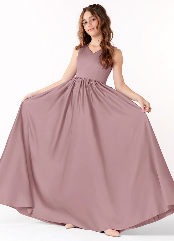 Azazie Hathaway A-Line Bow Matte Satin Floor-Length Junior Bridesmaid Dress image1