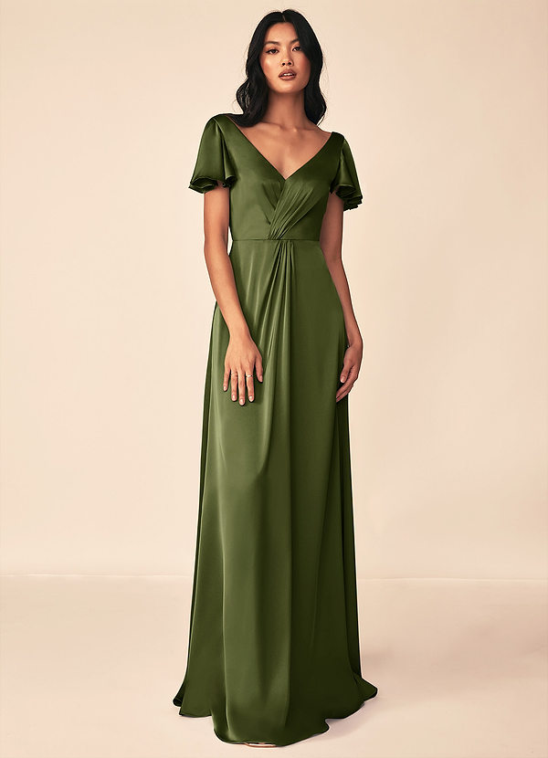 Azazie Soren Bridesmaid Dresses Olive A-Line Pleated Stretch Satin Dress image1