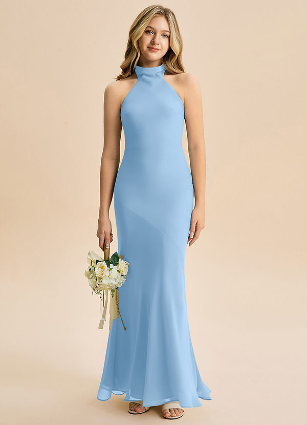 Azazie Velli Junior Robe Sirène en Mousseline de soie Col Haut Poudre Bleue image1