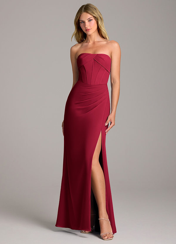 Azazie Chantel Bruidsmeisjes Jurken Converteerbaar Jurk van Chiffon met Kolom Strapless Bourgondië image1