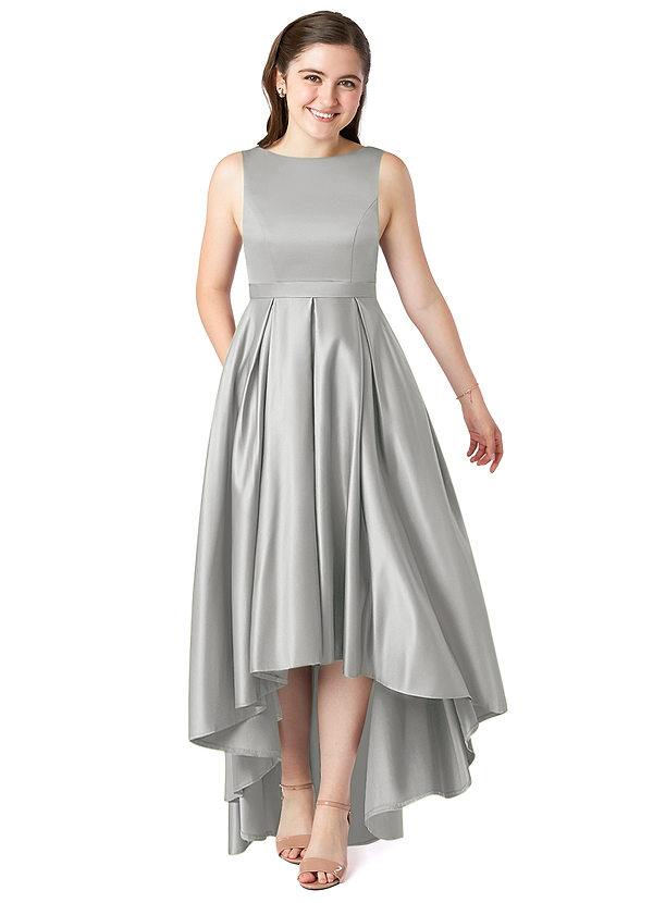 Azazie Inaya Junior Silver A-Line with Belt Stretch Satin Dress image1