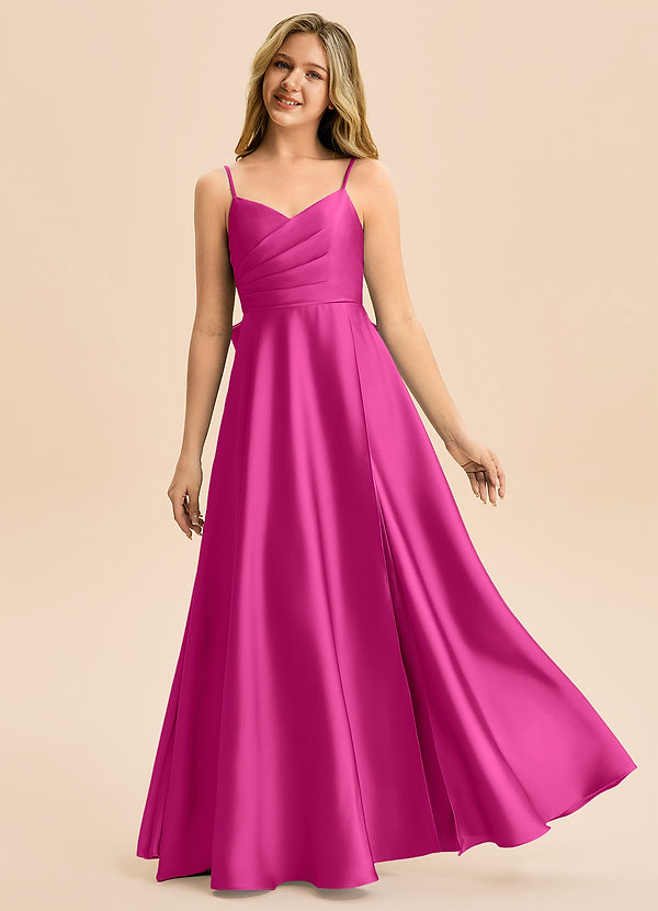 Azazie Rumi Junior Vestido de Fucsia de Satén Elástico de Corte en A con Plisado image1