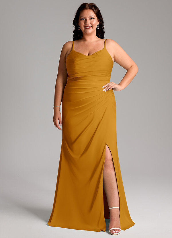 Azazie Deandra Bridesmaid Dresses Butterscotch Mermaid Pleated Stretch Satin Dress image1