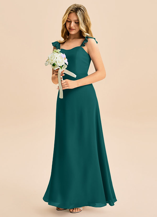 Azazie Mavie Junior A-Line Ruchede Chiffon Gulv-længde Junior brudepige Kjole image1