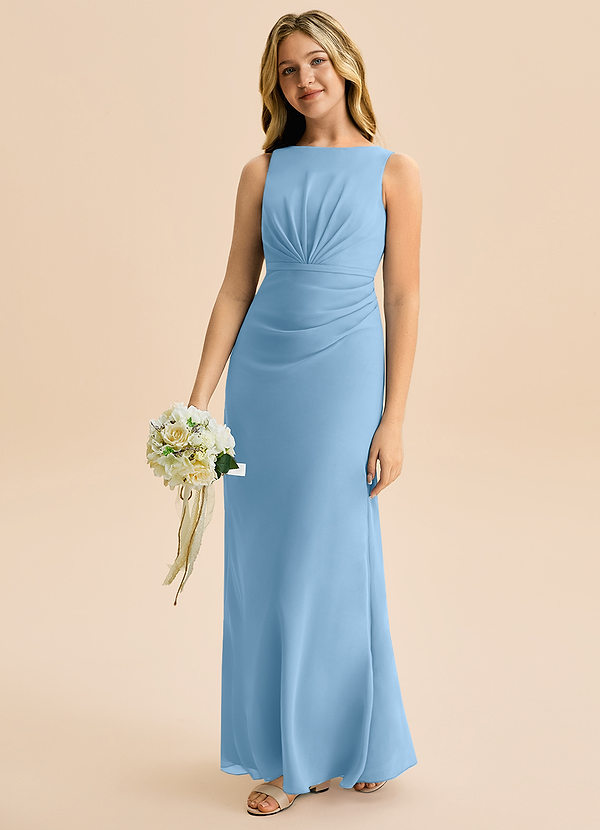 Azazie Floris Junior Robe Trapèze en Mousseline de soie Plissée Acier Bleuté image1