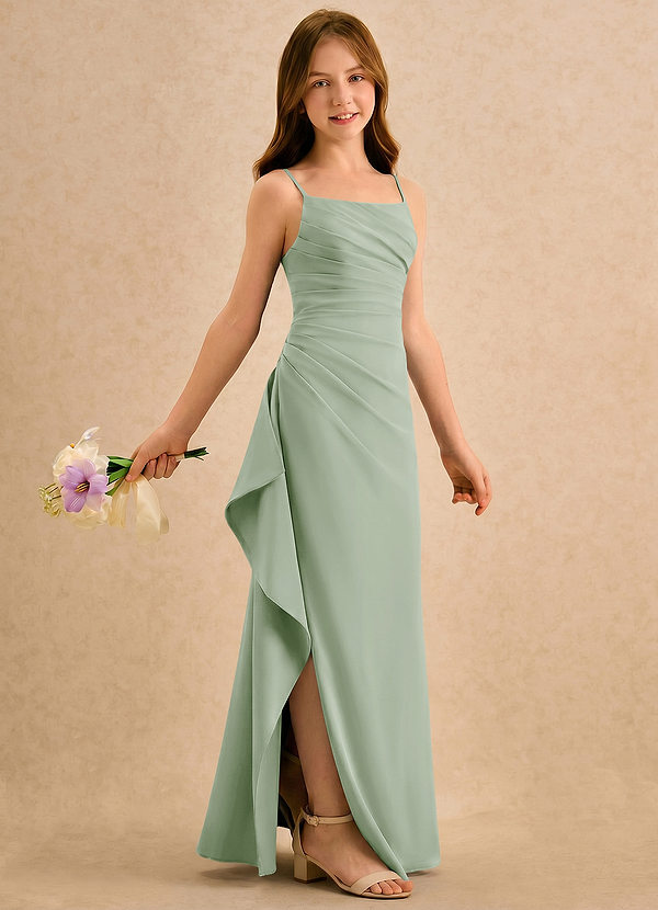 Azazie Cannoli Girls Formal Abiti da Damigella Bambina Abito A-Line in Chiffon Plissettato Verde Salvia image1